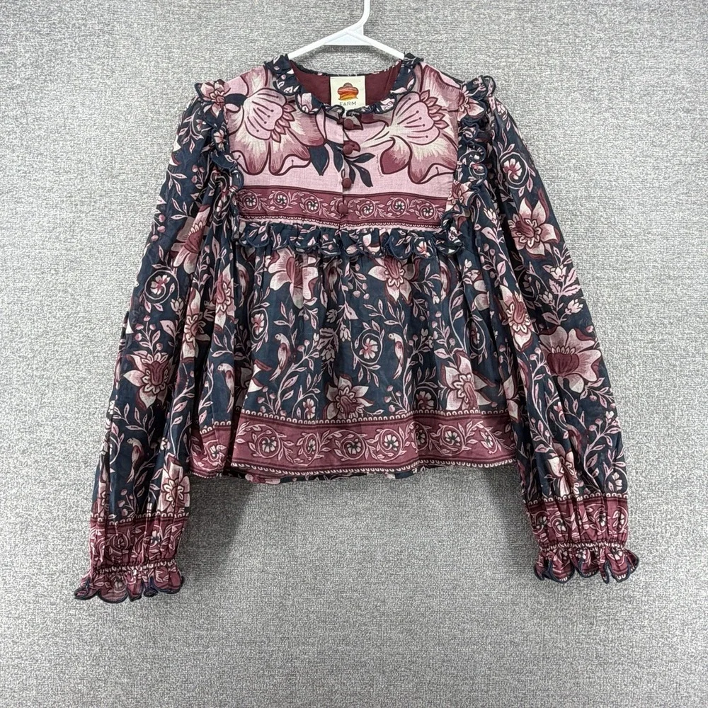 Farm Rio Anika Charm Floral Top Women Size XS Ruffled Cropped Peasant Casual